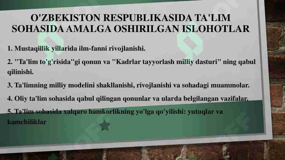 Ta'lim sohasidagi islohotlar ppt