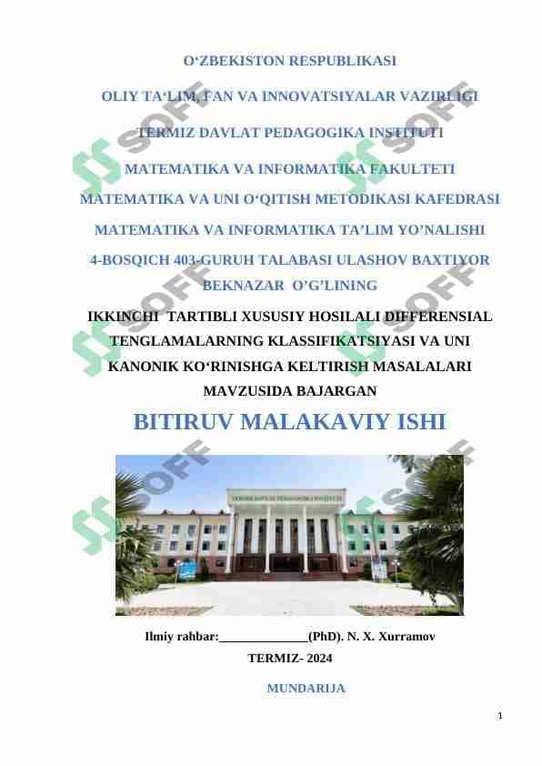 IKKINCHI  TARTIBLI XUSUSIY HOSILALI DIFFERENSIAL TENGLAMALARNING KLASSIFIKATSIYASI VA UNI KANONIK KO‘RINISHGA KELTIRISH MASALALARI