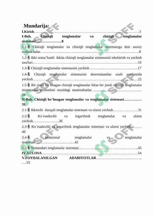 Algebraik tenglamalar sistemasi va ularni yechishni  elementar usullari