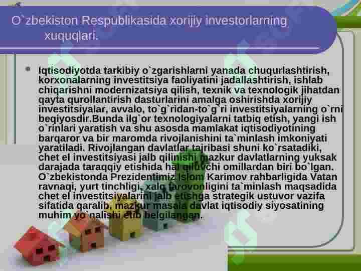 Xorijiy investitsiya huquqiy holatini o'ziga xos xususiyatlari 3