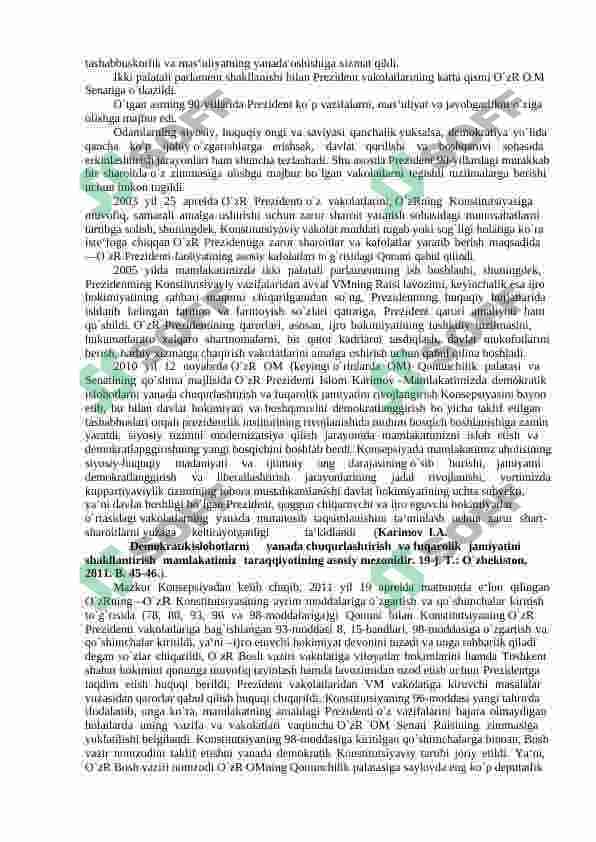 O`ZBEKISTONDA HUQUQIY SIYOSIY ISLOHOTLARNING AMALGA OSHIRILISHI, DEMOKRATIK JAMIYATNI SHAKLLANTIRISH YO`LIDAGI ISLOHOTLAR. 7