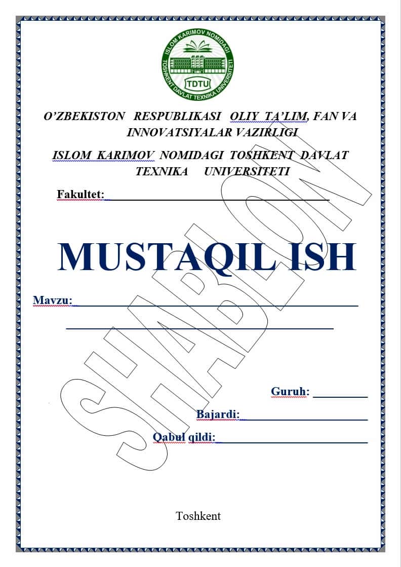 Mustaqil ish yuzi TDTU 1