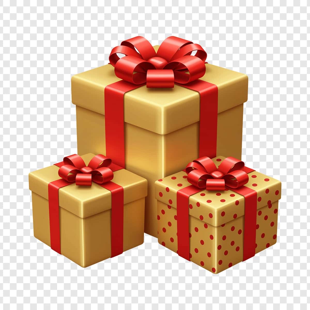 Shaffof fonda qizil lentali uchta oltin sovg'a qutisi | Three golden gift boxes with red ribbons transparent background 1