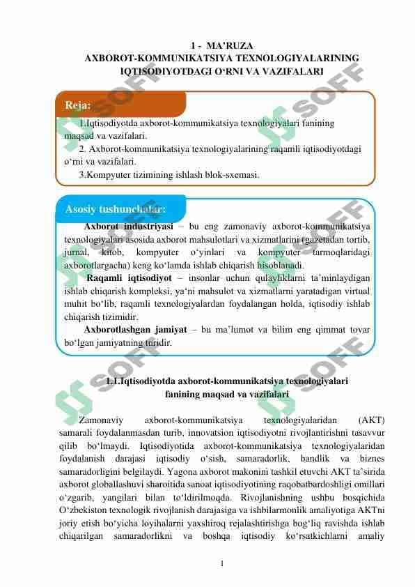 AXBOROT-KOMMUNIKATSIYA TEXNOLOGIYALARINING IQTISODIYOTDAGI O‘RNI VA VAZIFALARI