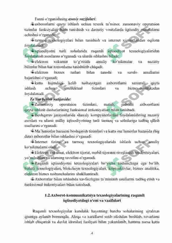 AXBOROT-KOMMUNIKATSIYA TEXNOLOGIYALARINING  IQTISODIYOTDAGI O‘RNI VA VAZIFALARI 4