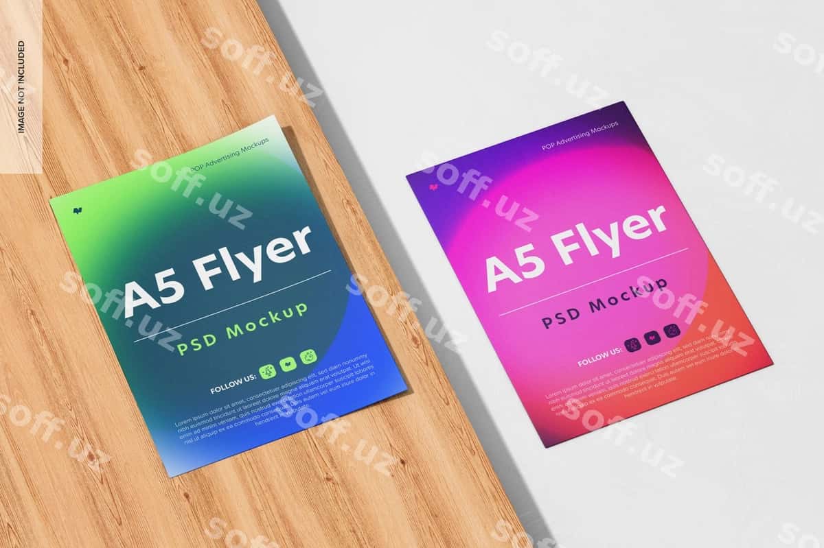 A5 flyerlar mockup ustidan koʻrinish | A5 flyers mockup top view 1