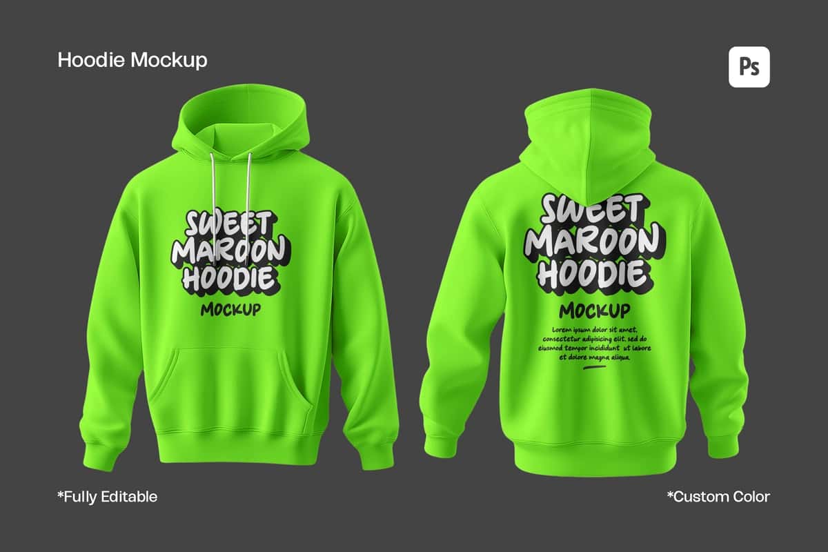 Tahrirlanadigan yashil qalpoqli maket kiyimi brendingi dizayni taqdimoti | Editable green hoodie mockup apparel branding design presentation 1
