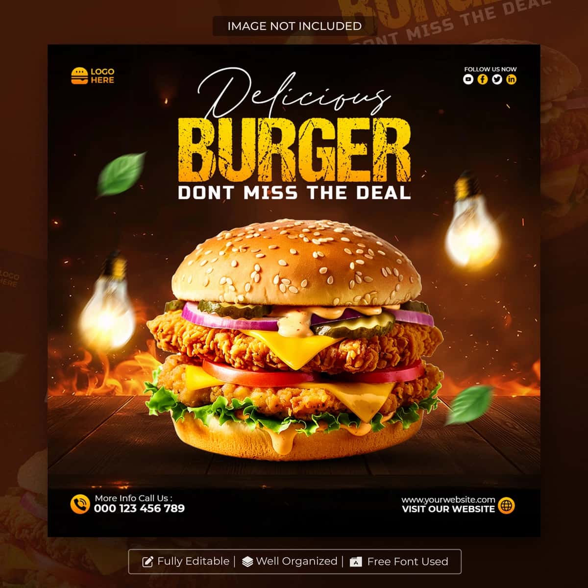 Mazali burger taomlari ijtimoiy media instagram post shabloni | Delicious burger food social media instagram post template 1
