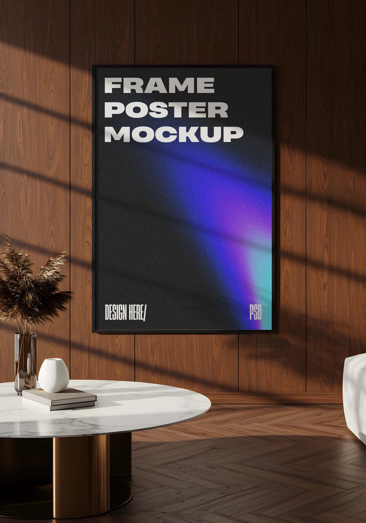Qora plakat ramkali maketli zamonaviy ichki yashash xonasi | Modern interior living room with black poster frame mockup 1