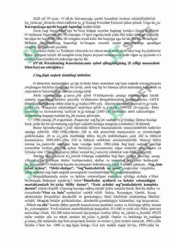 . IJTIMOIY SOHADA DAVLAT SIYOSATINING TAKOMILLASHIB BORISHI VA AHOLI FAROVONLIGINI OSHIRISH TADBIRLARI. 8