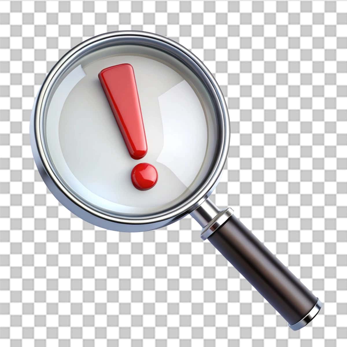 Undov belgisi bilan ajratilgan shaffof fonda kattalashtiruvchi oyna | Magnifying glass with exclamation point isolated transparent background 1
