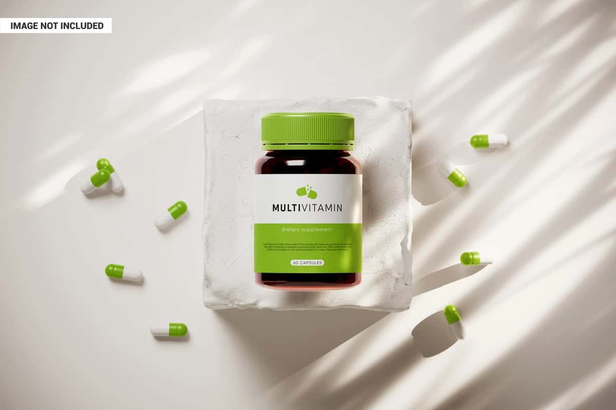 Amber tabletkali shisha tosh stend maketi | Amber pill bottle stone stand mockup 1