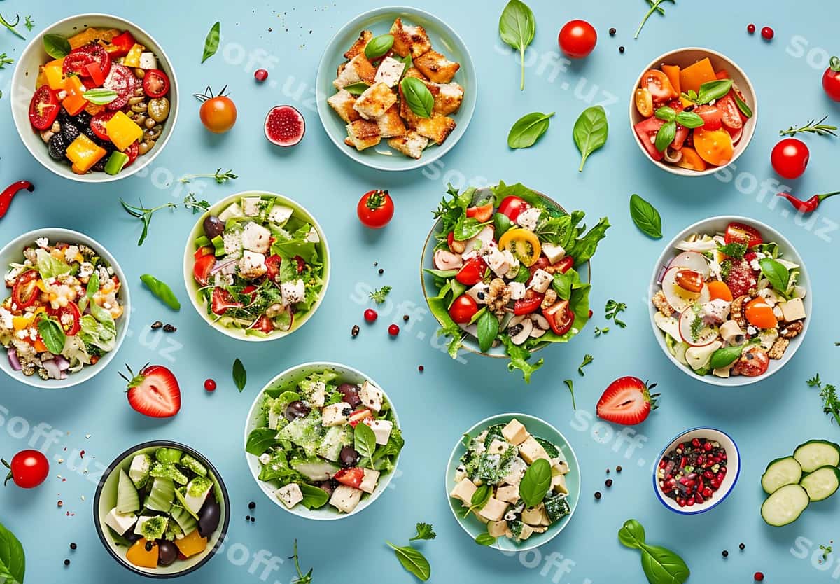 Sog'liqlikni saqlaydigan salatlar komplekti ko'k fonda | Assortment healthy salads blue background 1