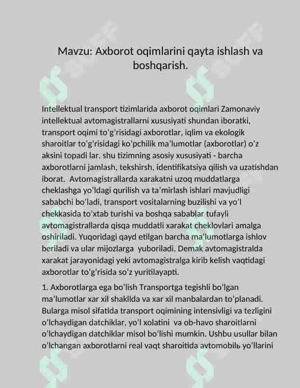 Intelektualtransport tizimlarida Axborot oqimlarini qayta ishlash va boshqarish.