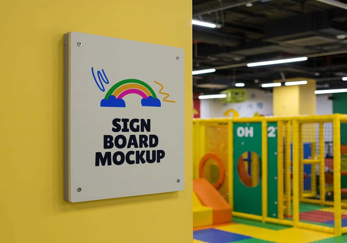 Sariq devordagi o'yin xonasi | Signboard mockup yellow wall playroom 1