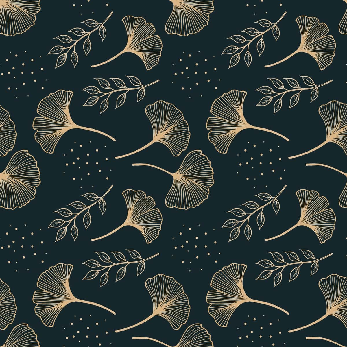 To'q rangli fonda oltin rangli ginkgo barglari bilan choksiz naqsh | Seamless pattern with golden ginkgo leaves dark background colorful 1