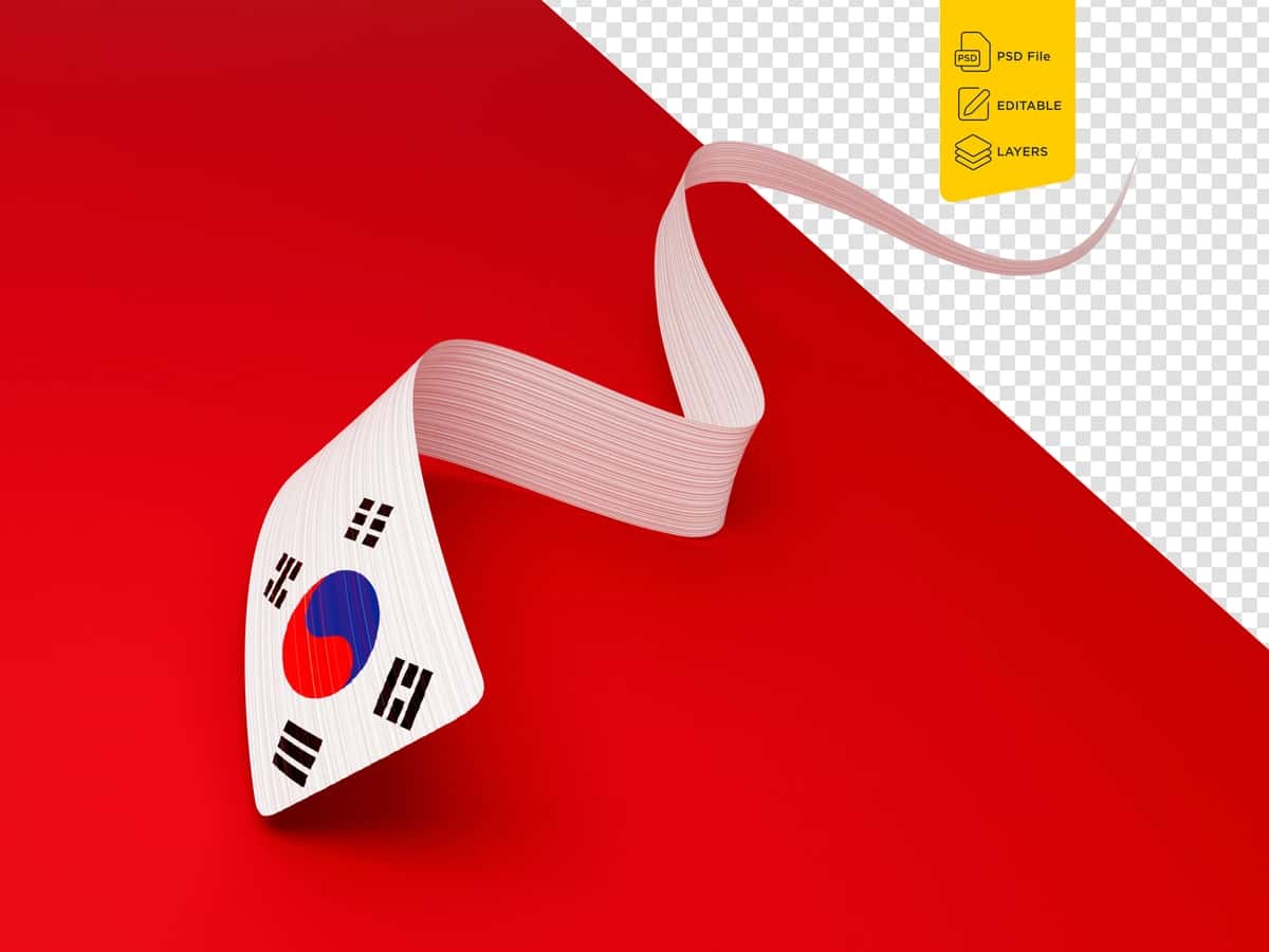 Janubiy Koreya bayrog'i to'lqinli yaltiroq Janubiy Koreya lentasi izolyatsiya qilingan qizil fon | Flag south korea wavy shiny south korea ribbon isolated red background 1