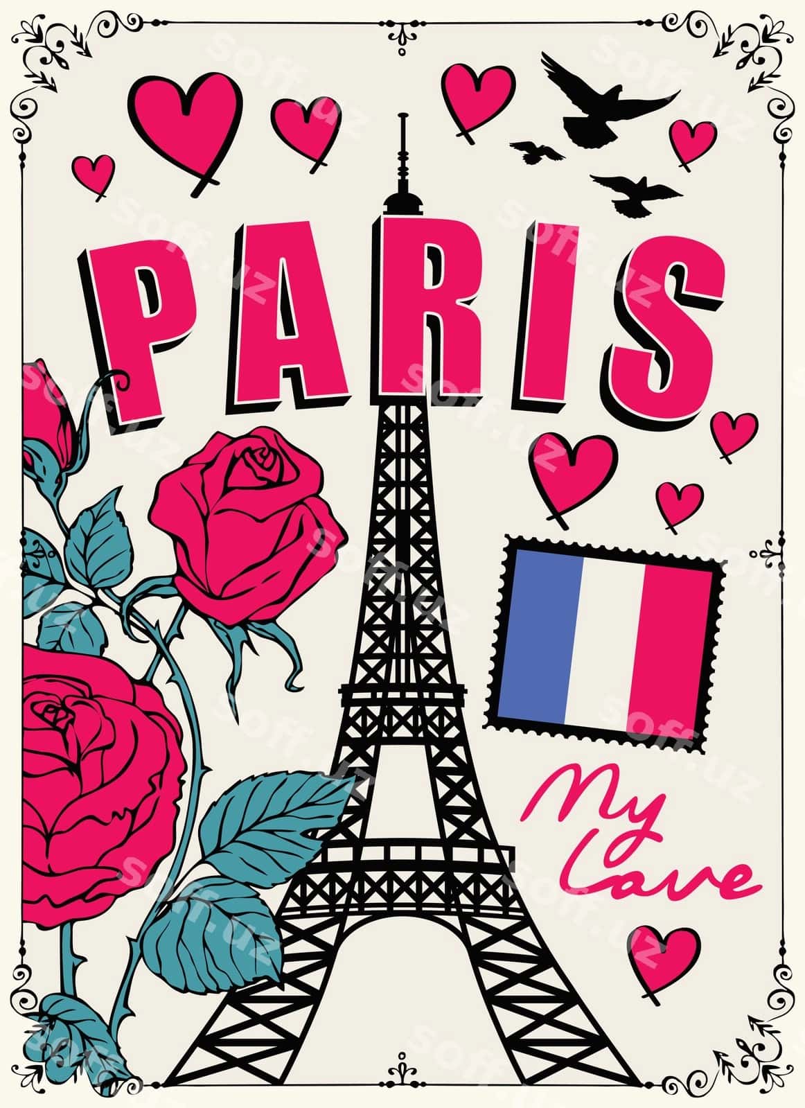 Eyfel minorasi atirgullari bilan banner | Banner with eiffel tower roses 1