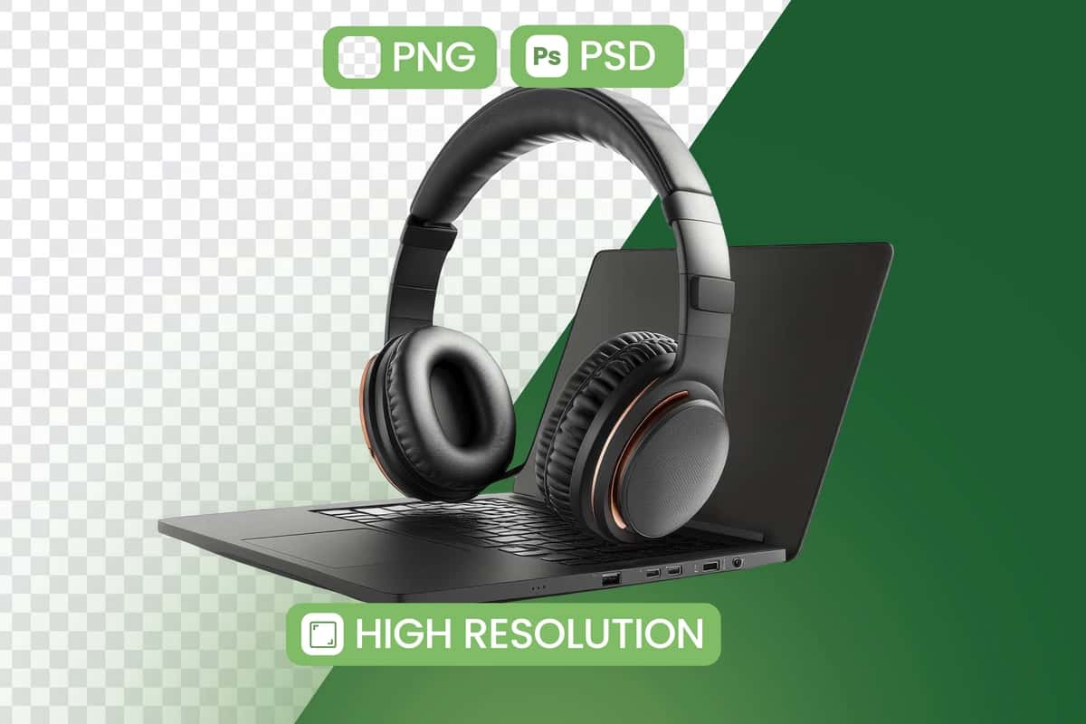 Noutbuk uchun naushniklar texnologiya bilan zamonaviy ish joyini yaratadi | Headphones rest laptop creating modern workspace with technology 1