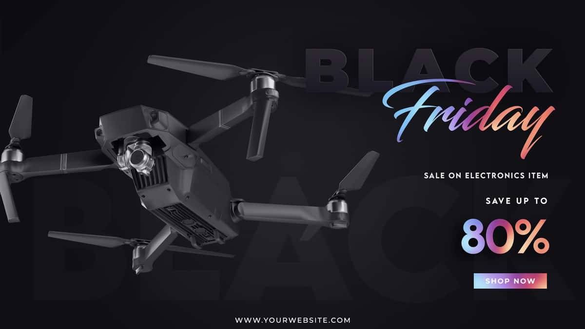 Qora juma chegirma banneri tushirilgan to'q fonli dron | Drone with dark background black friday sale banner 1