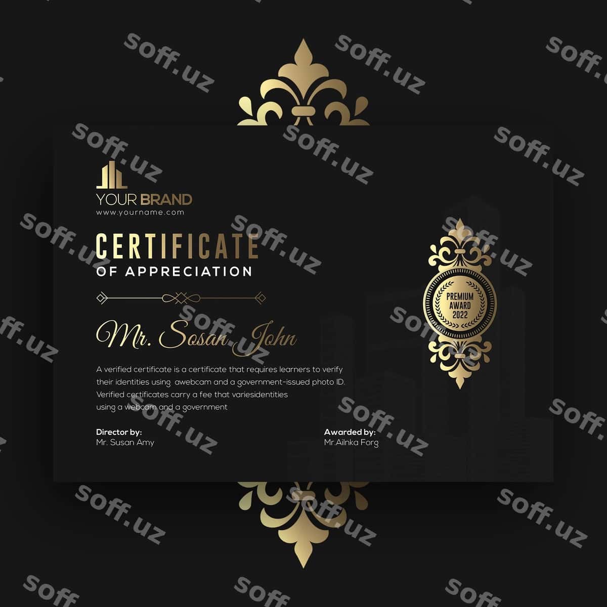Qora o'ttiz sertifikat shabloni | Black gold certificate template 1