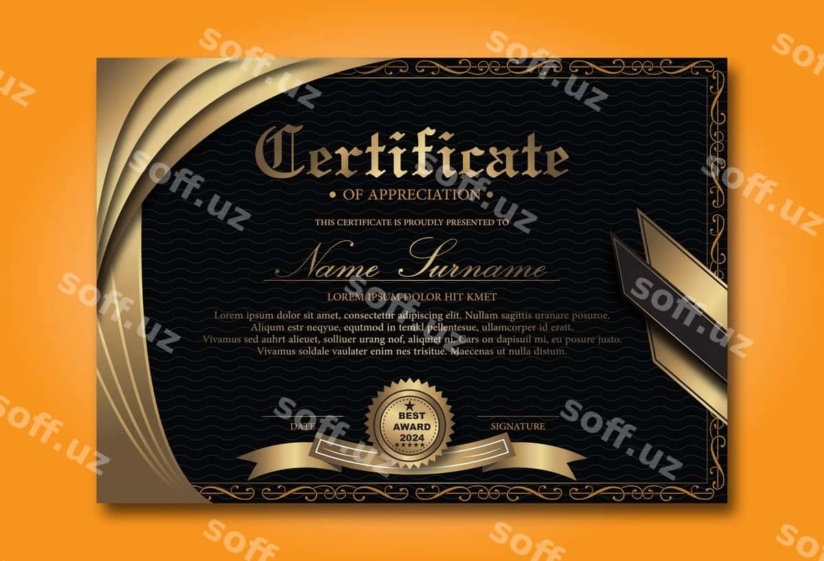 Qora o'tpash tahrirlanga olinadigan sertifikat shabloni | Black gold editable certificate template 1