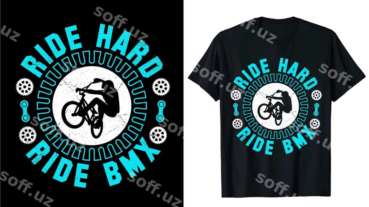 Harakat so'zlari yozilgan qora futbolka | Black t shirt with words hard ride it 1