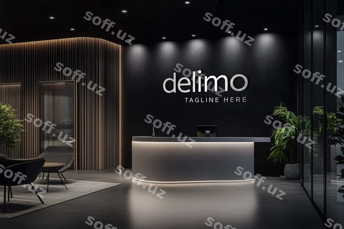 Qora devor ofis qabulxona logo namunasi | Black wall office reception logo mockup 1