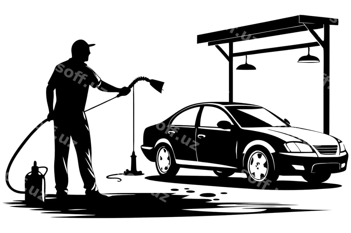 Qora-oq chizma erkak mashinani tozalashda | Black white drawing man cleaning car 1