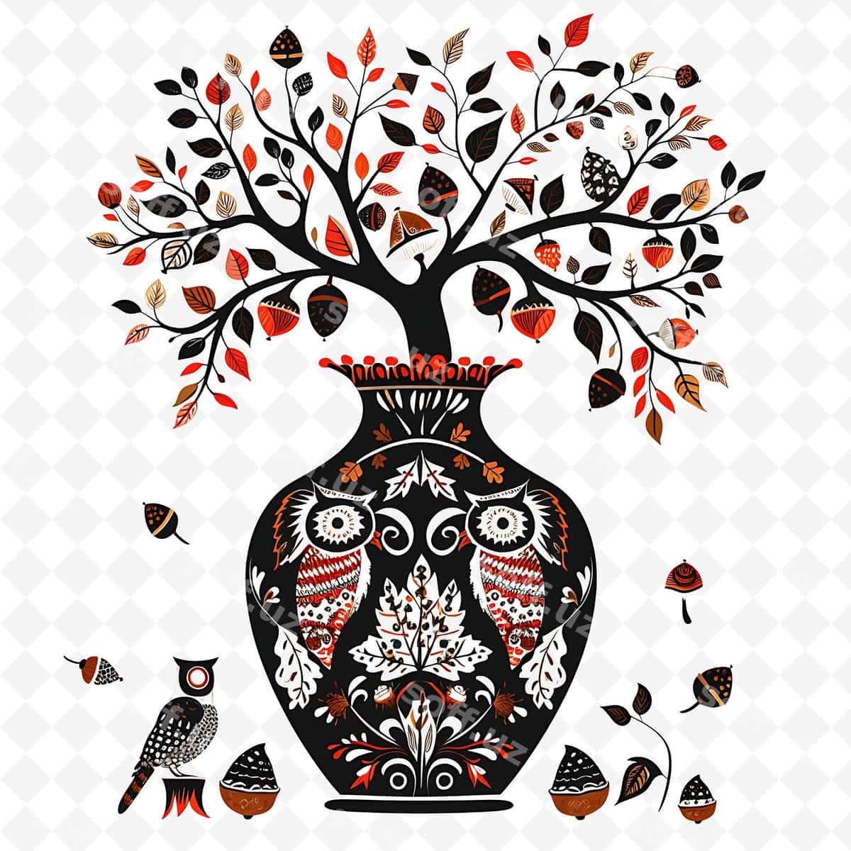 Qora oq chizma, boshlar bilan vaza, u | Black white drawing vase with owls it 1