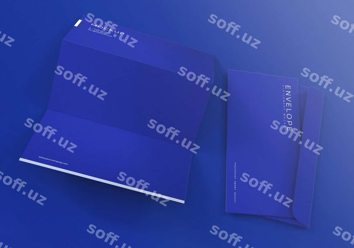 Ko'k konvert xat sarlavhasi namunasi | Blue envelope with letterhead mockup 1