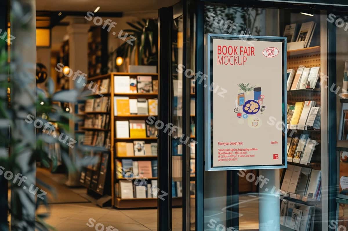 Kitob bozori belgi mockup dizayni | Book market sign mockup design 1
