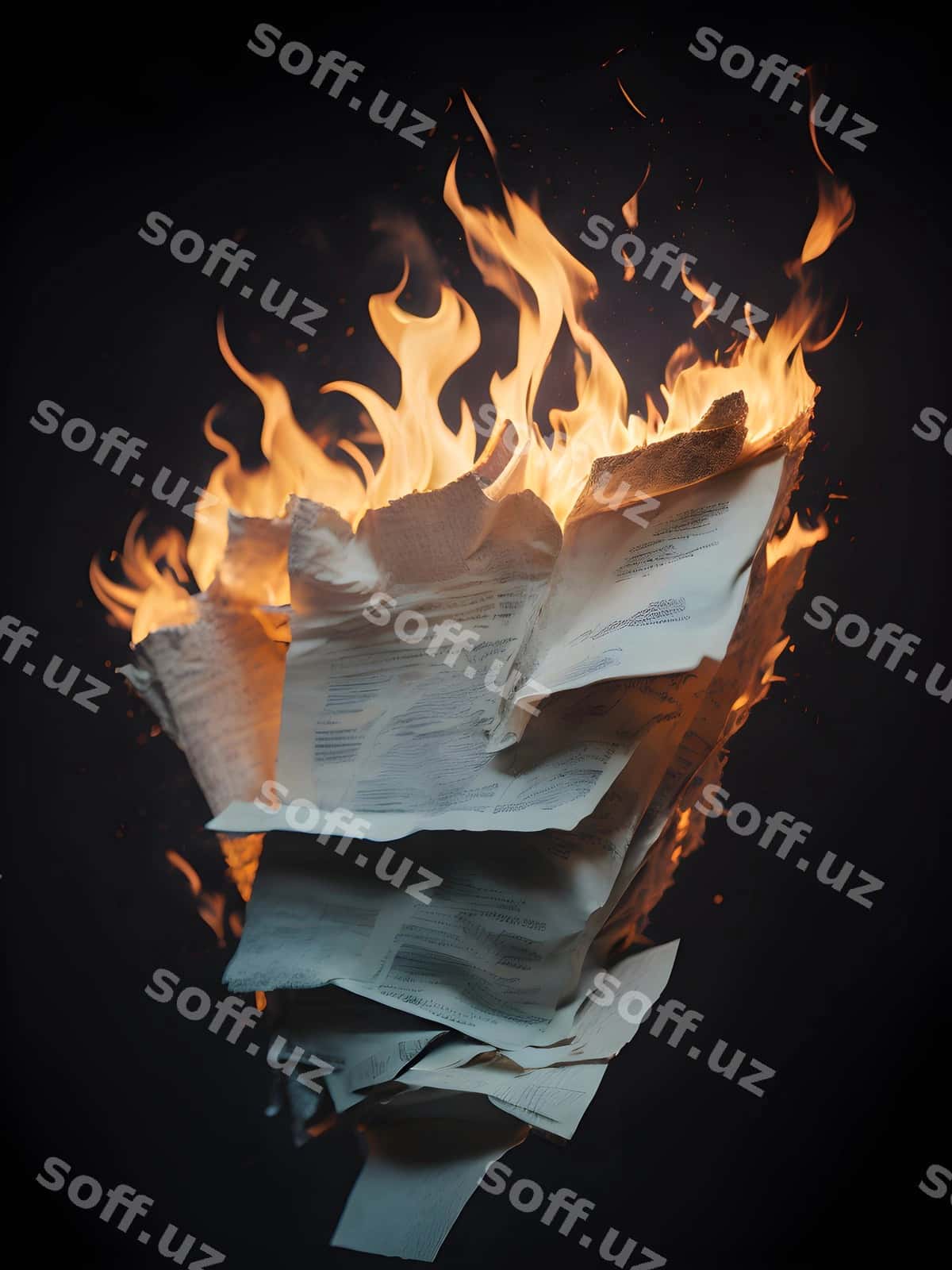 Yondirilgan qog'oz to'plami qorong'u orqa fonda | Burning paper stack dark background 1