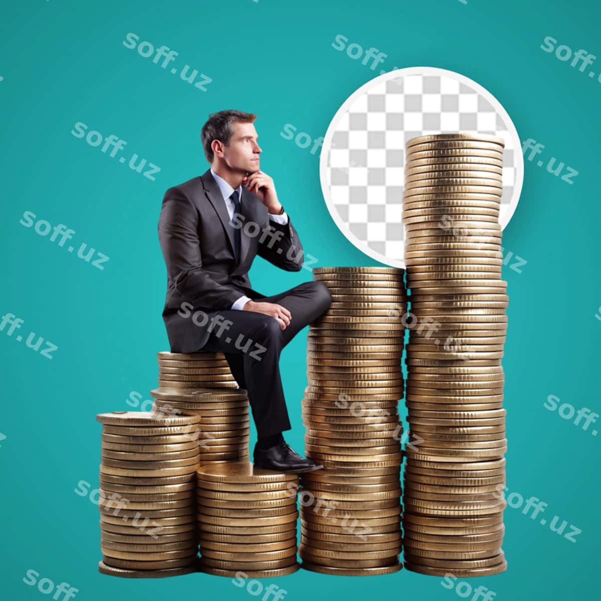 Bizznesmen oʻltinga soʻmlarning xaltogʻida turgan | Businessman staying pile gold coins 1