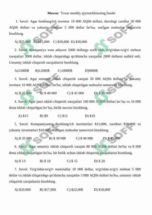 Tovar moddiy qiymatliklarning hisobi. Test-javob 1