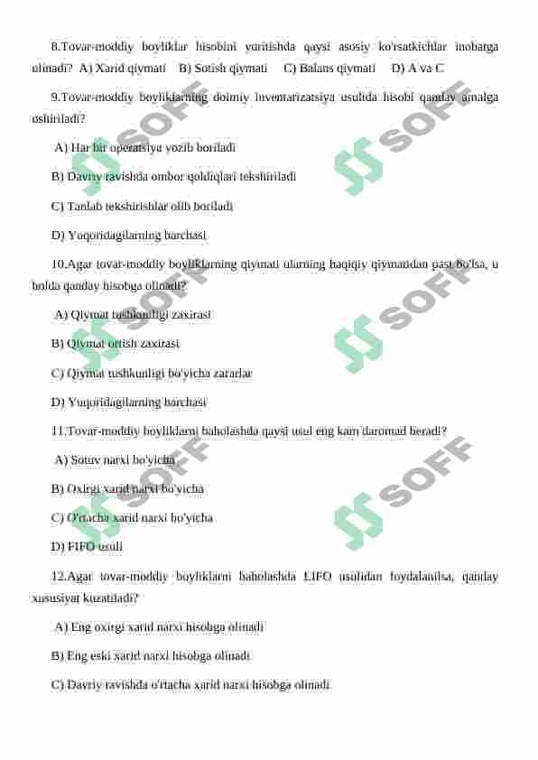 Tovar moddiy qiymatliklarning hisobi. Test-javob 2