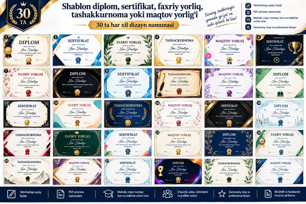 Shablon diplom, sertifikat, faxriy yorliq, tashakkurnoma yoki maqtov yorlig'i 30 tasi 1 da 1