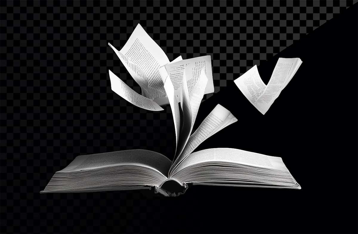 Shaffof fonda uchib yuruvchi sahifalar bilan qora oq fotosurat ochiq kitob | Black white photograph open book with flying pages transparent background 1