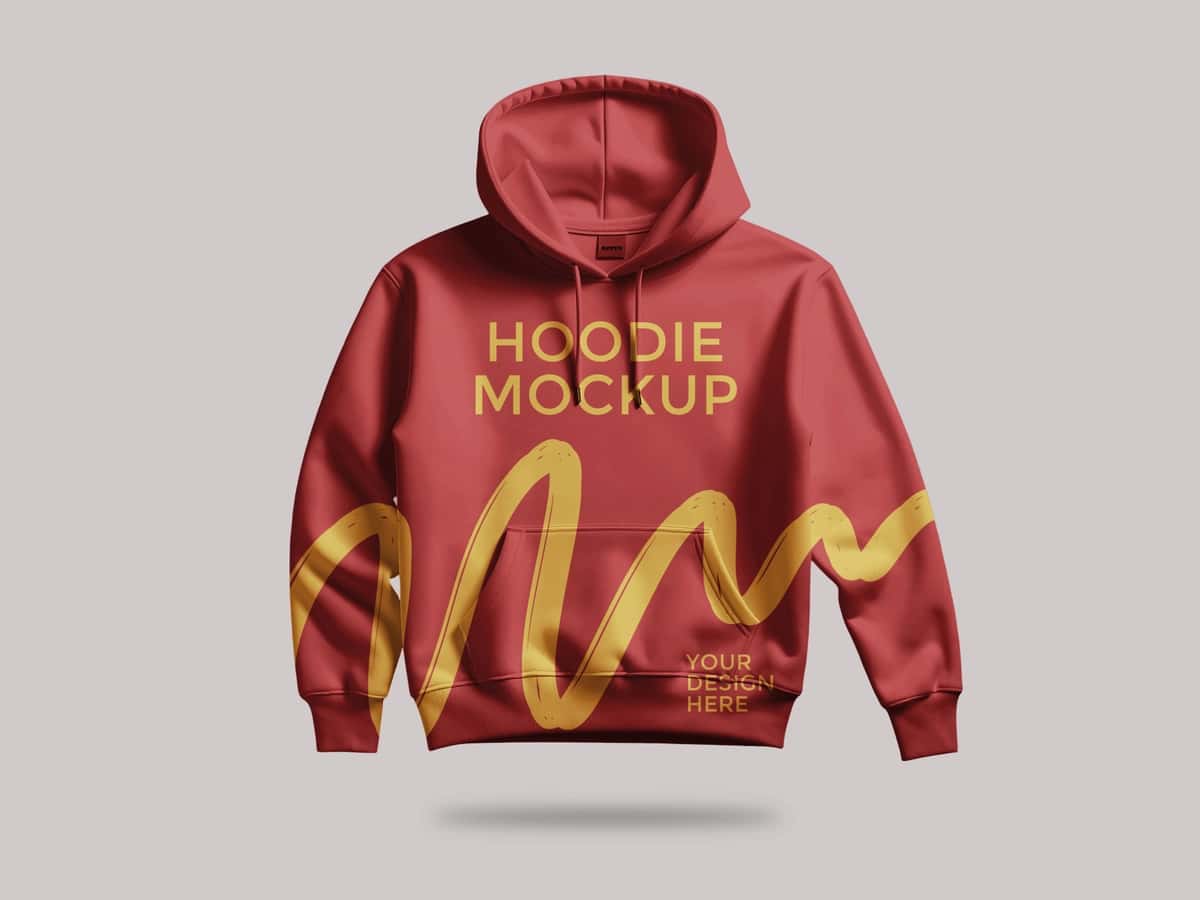 Sariq to'lqinsimon dizayndagi matnli qizil qalpoqli sviter | Red hooded sweatshirt with yellow wavy design text 1