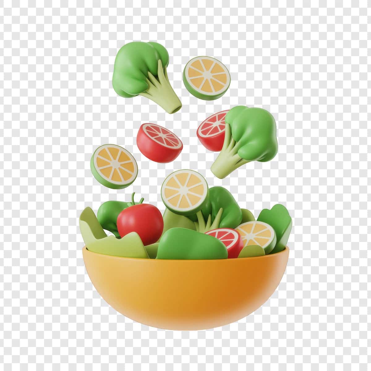 Yangi sabzavotlar, mevalar va yorqin 3D multfilm salat idishi | Vibrant 3d cartoon salad bowl with fresh vegetables fruits 1