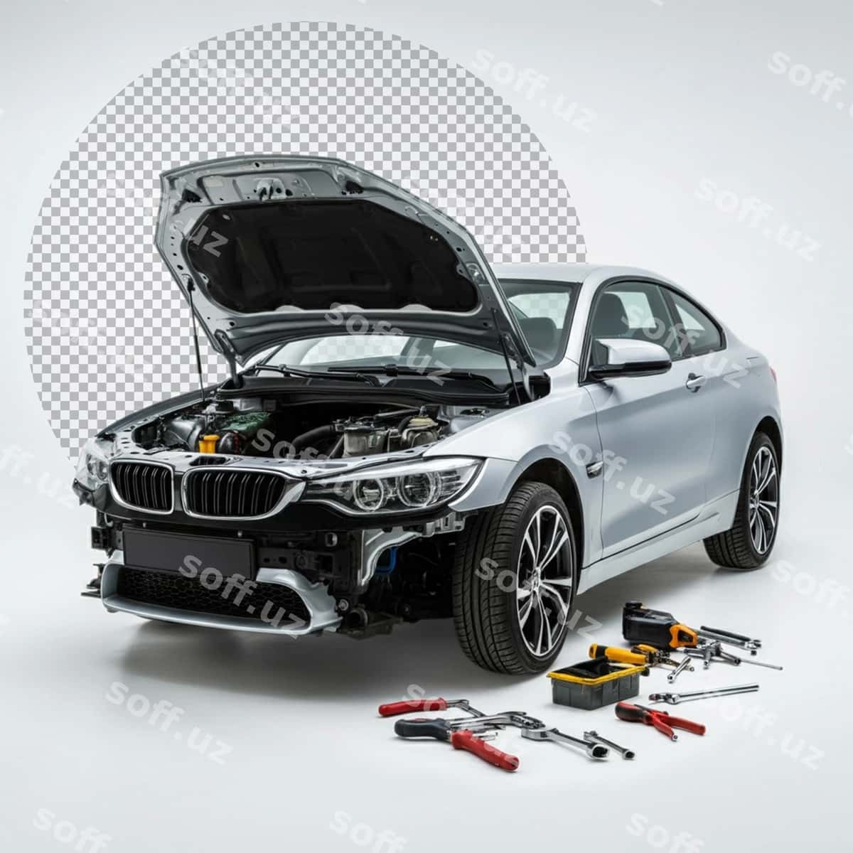 Mashina ta'mirlanayotgan izolyatsiya foni | Car being repaired isolated background 1