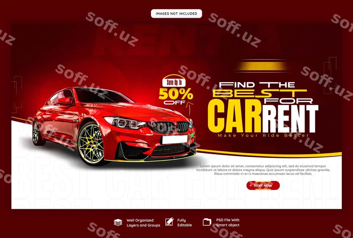 Avtomobil ijarasi avtomobil xizmatlari web banner shabloni | Car rental automotive web banner template 1
