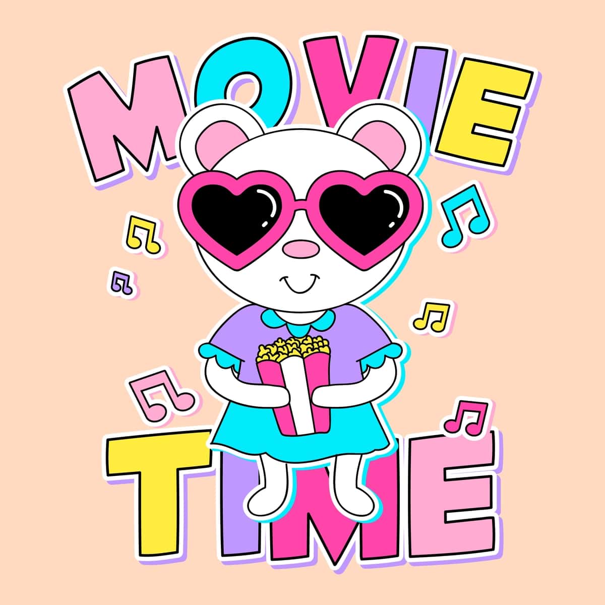 Kino vaqti oq moda ayiq bilan rangli matn | Movie time colorful text with white fashion bear 1