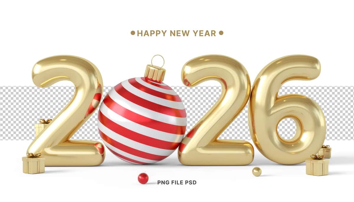 Qizil Rojdestvo bezakli oltin 2026 raqamlari | Gold 2026 numbers with red christmas ornament 1