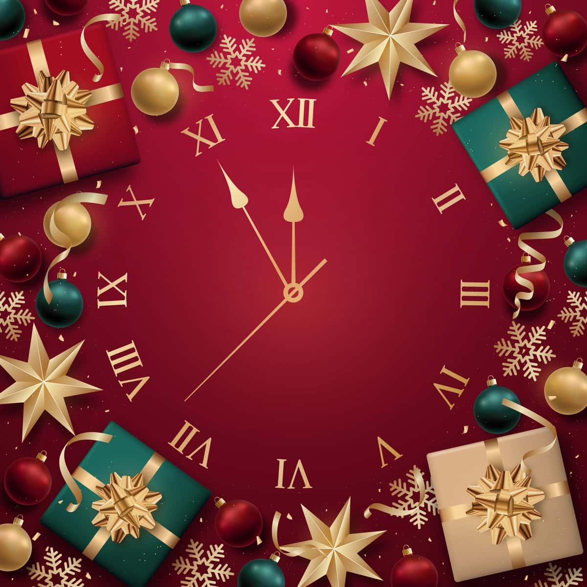 Rojdestvo soati haqiqiy qor parchalari sovg'alari bilan bezatilgan | Christmas clock framed with realistic baubles snowflakes gifts 1