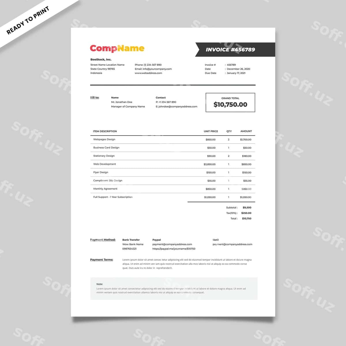 Toza professional hisob-faktura shabloni | Clean professional invoice template 1