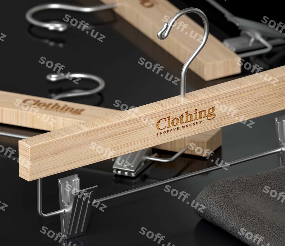 Yog'ochli hanger model dizaynining yaqin rasmi | Close up wooden hanger mock up design 1