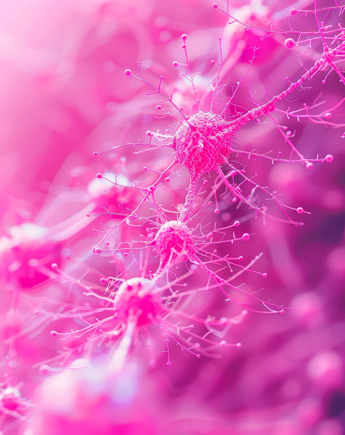 Neyron hujayralarining yaqinlashishi pushti rangda | Closeup neurons cells connections pink 1