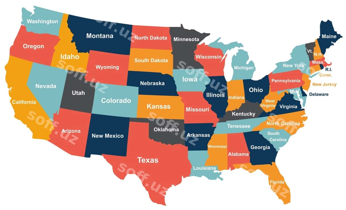 Rangli AQSH xaritasi viloyatlari bilan | Colorful usa map with states 1