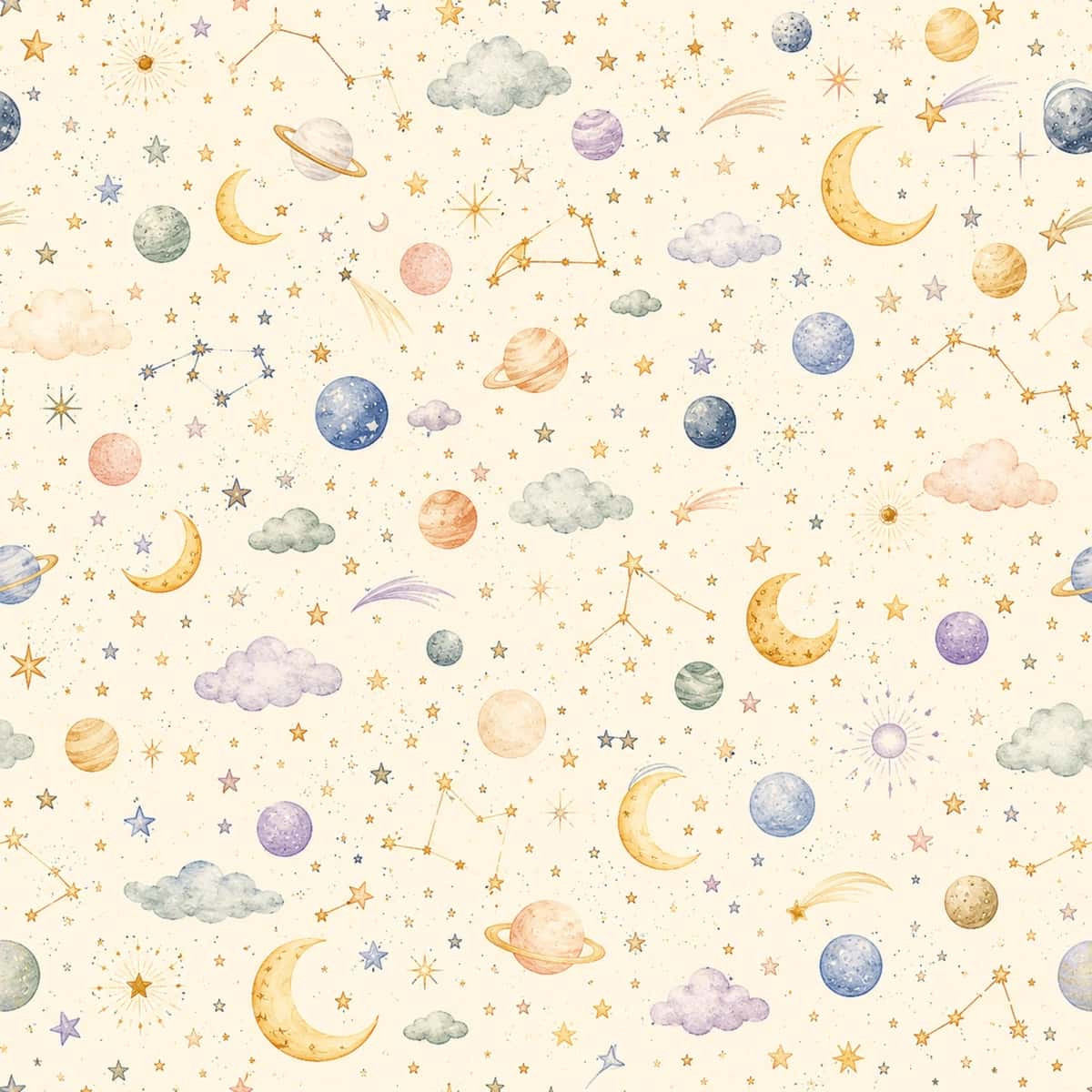Akvarel uslubidagi  kosmos va sayyoralar seamless pattern (2D Vektor) 1